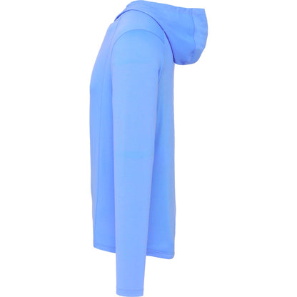Left View of Blue IZU Everthing Performance Hoodie - Men's plain