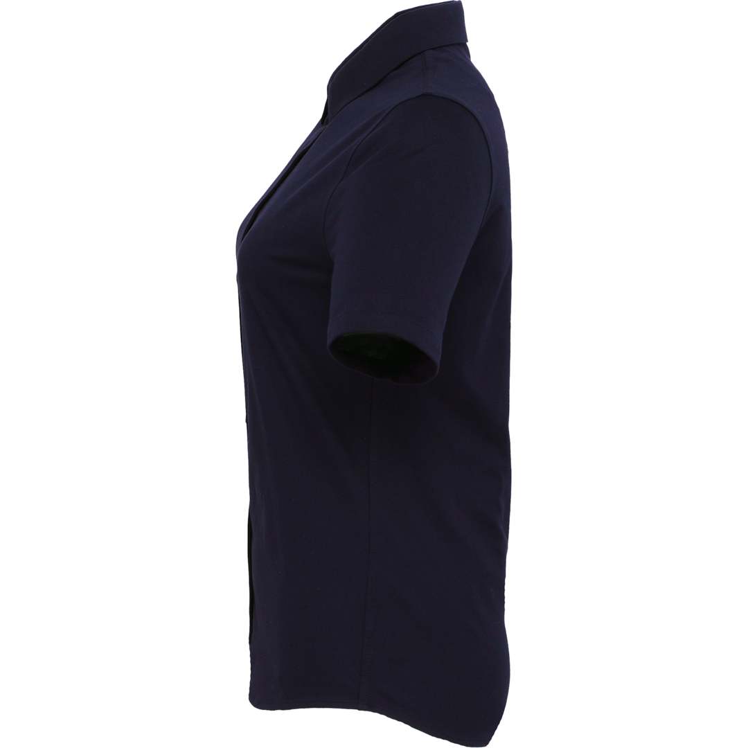 Left View of Blue TATRA Eco Short Knit Button Up Sleeve Shirt - Women's plain