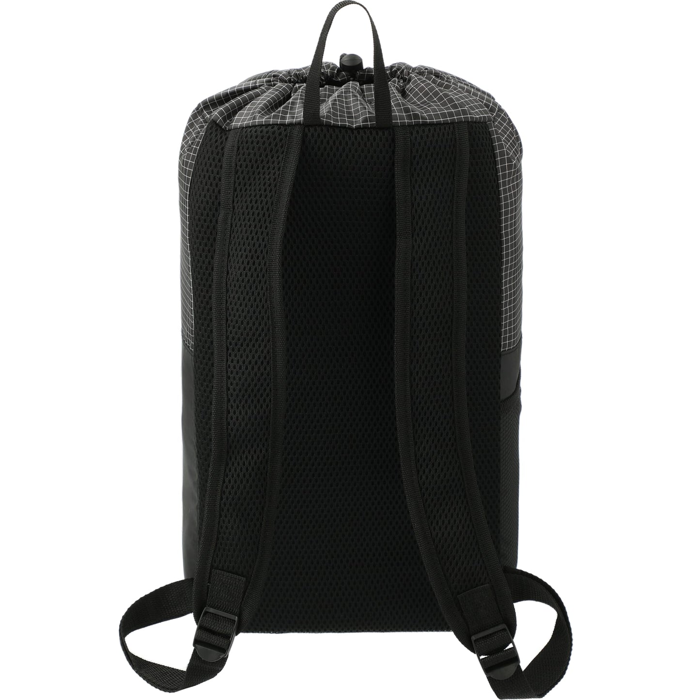 Rear View of Black Grid 14L Drawstring Backpack