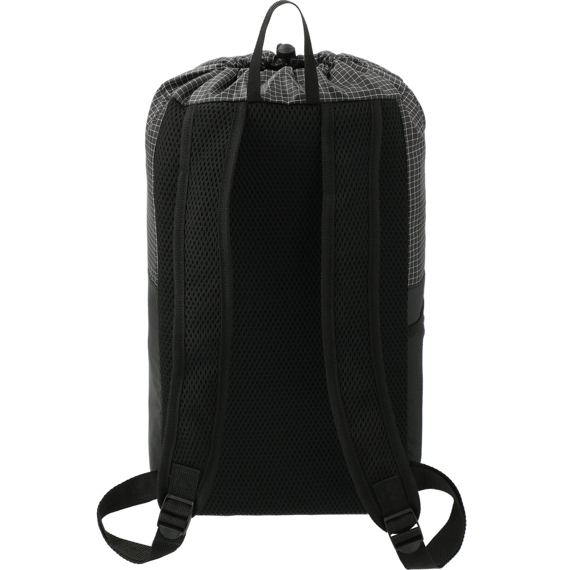Rear View of Black Grid 14L Drawstring Backpack