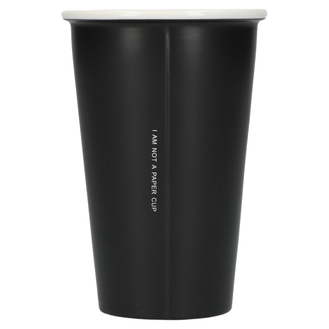Rear View of Black I'm not a paper cup 10oz ceramic tumbler plain