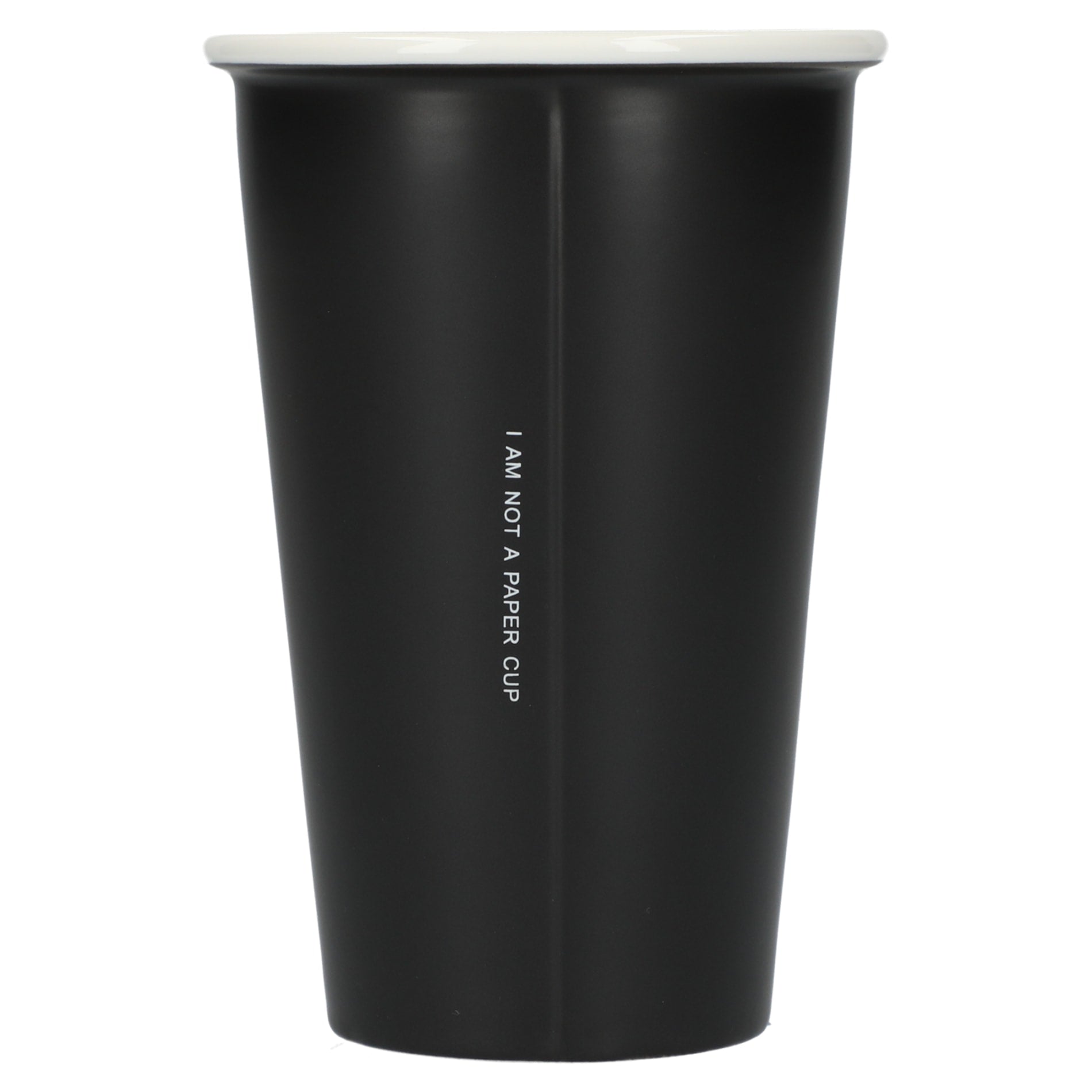 Rear View of Black I'm not a paper cup 10oz ceramic tumbler plain