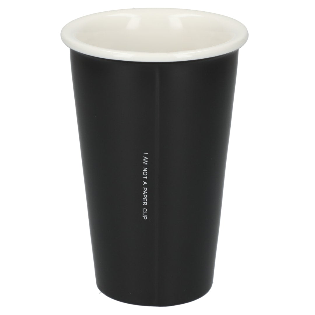 Rear View of Black I'm not a paper cup 10oz ceramic tumbler plain