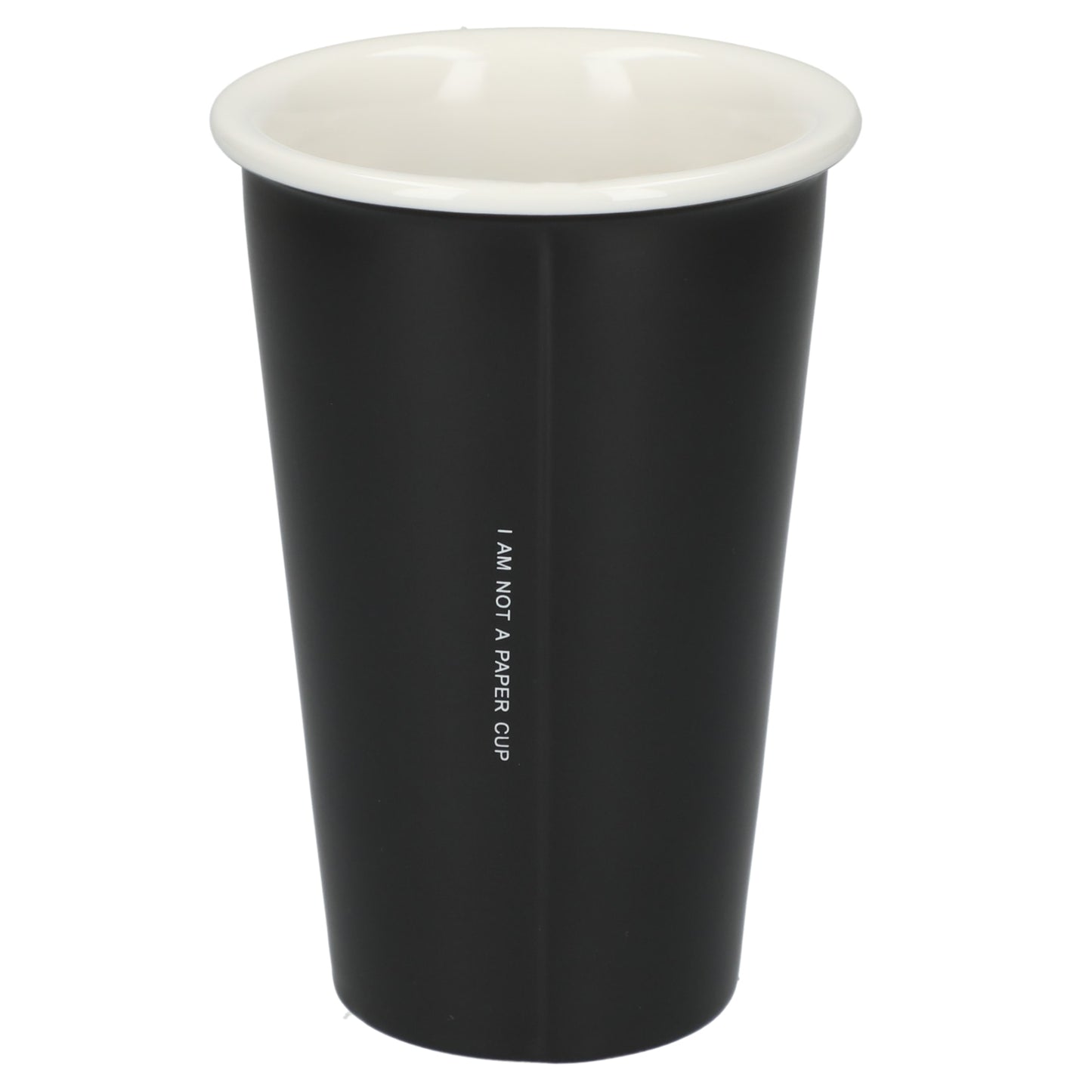 Rear View of Black I'm not a paper cup 10oz ceramic tumbler plain