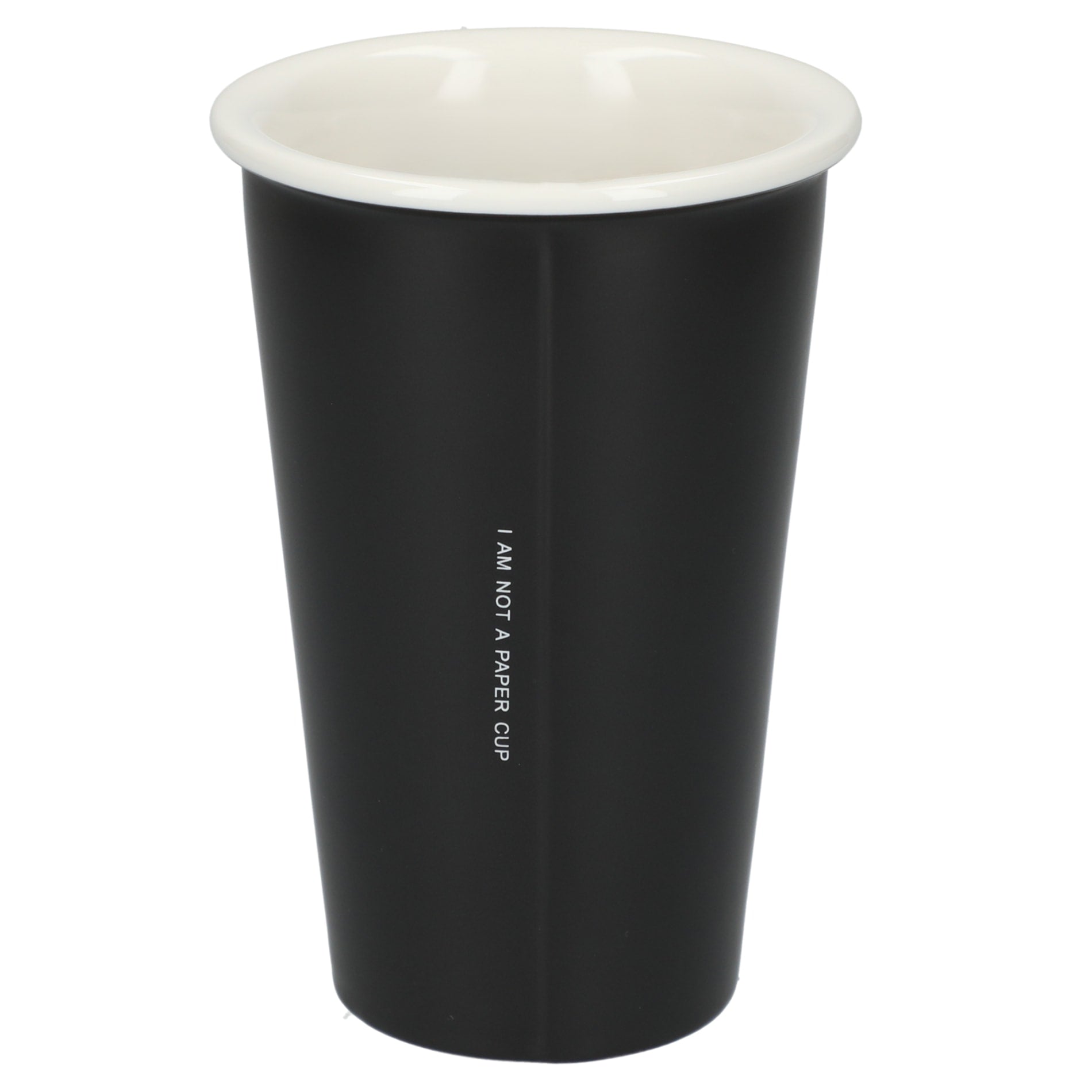 Rear View of Black I'm not a paper cup 10oz ceramic tumbler plain