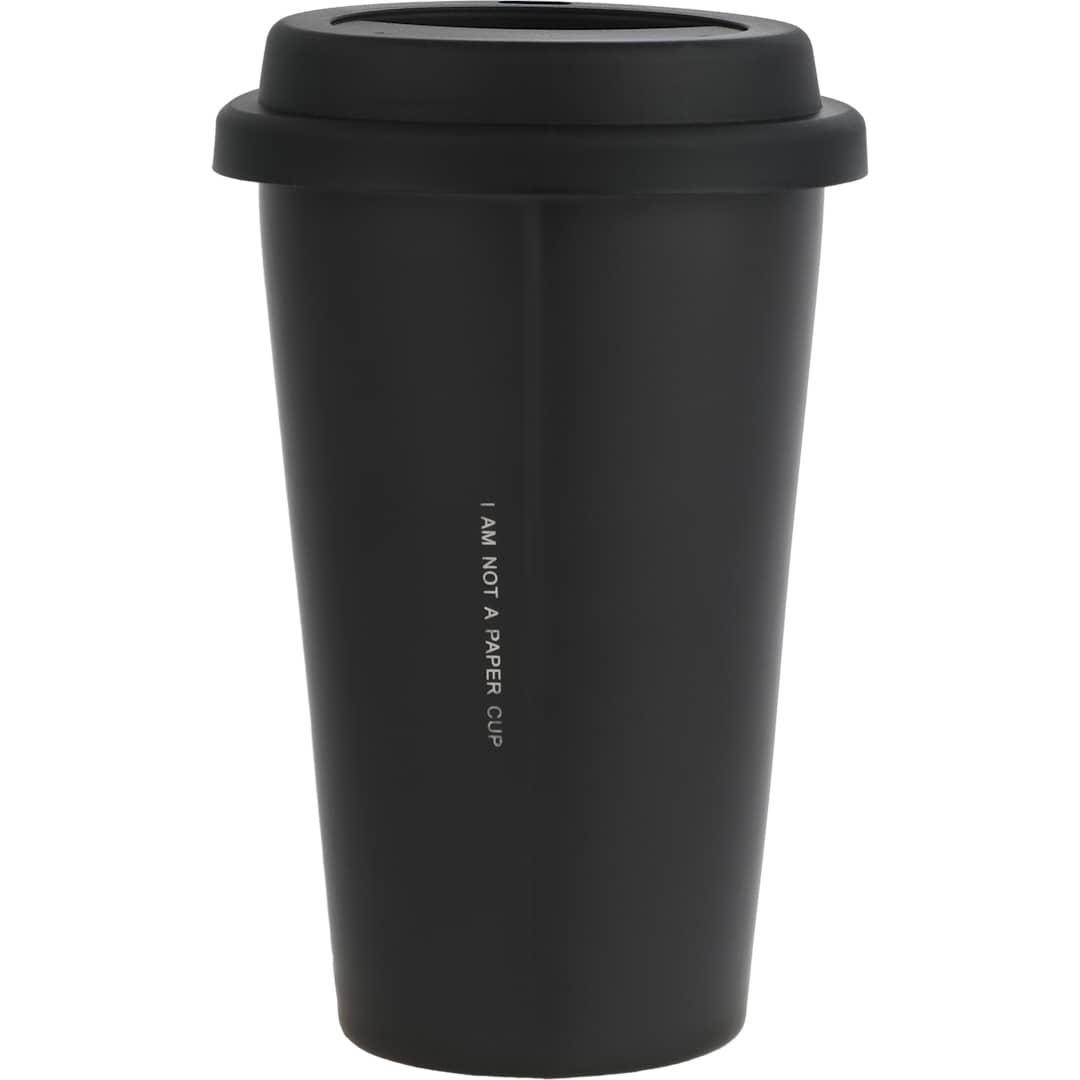 Rear View of Black I'm Not a Paper Cup 10oz Ceramic Tumbler w/ Lid plain