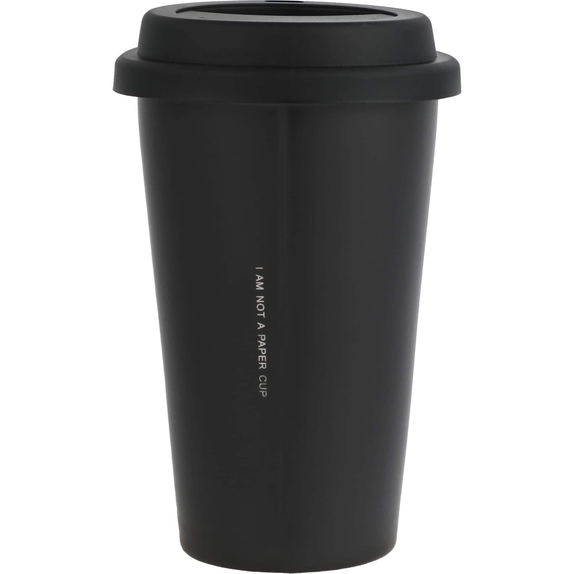 Rear View of Black I'm Not a Paper Cup 10oz Ceramic Tumbler w/ Lid plain