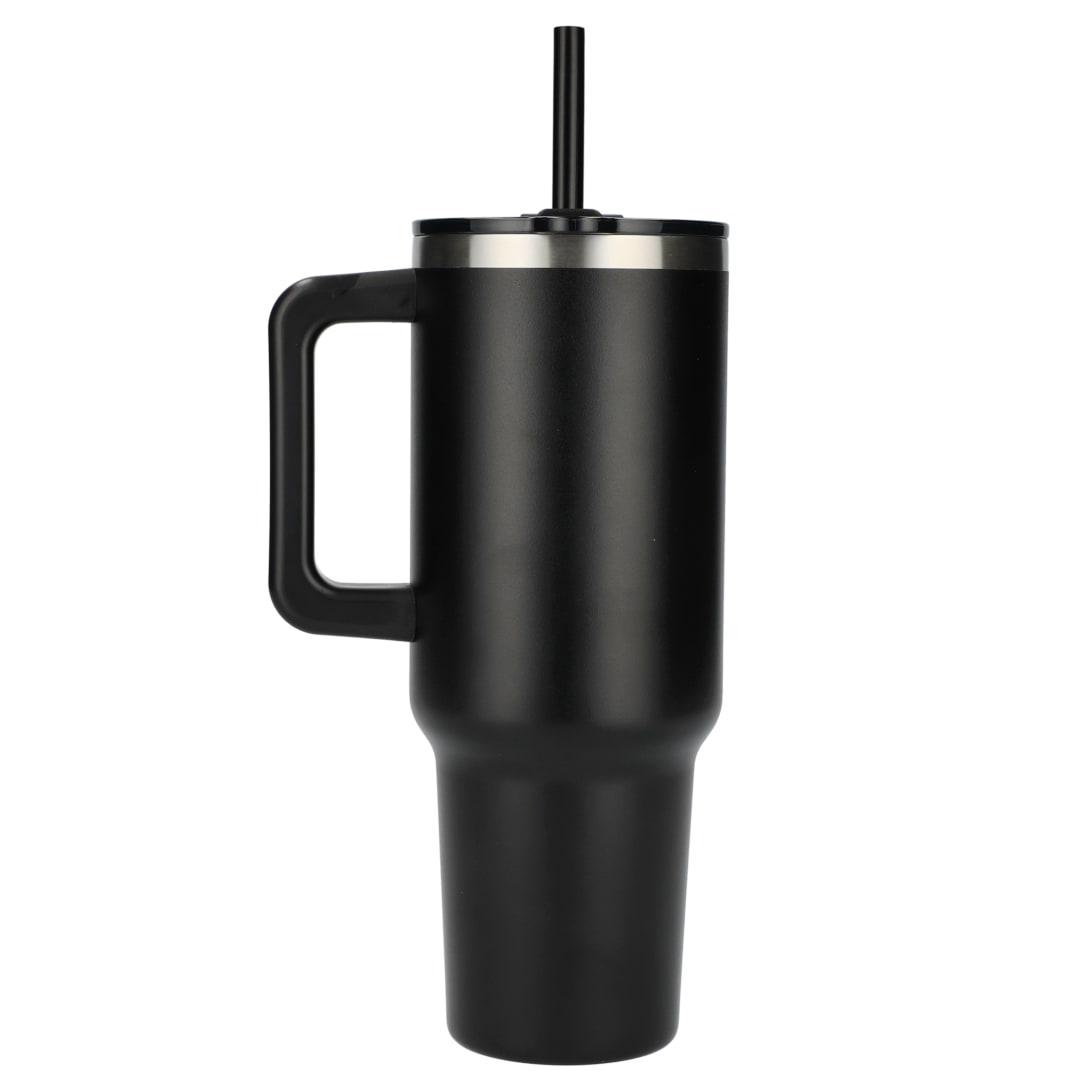 Rear View of Black Pinnacle Recycled Travel Tumbler with Straw 40oz plain