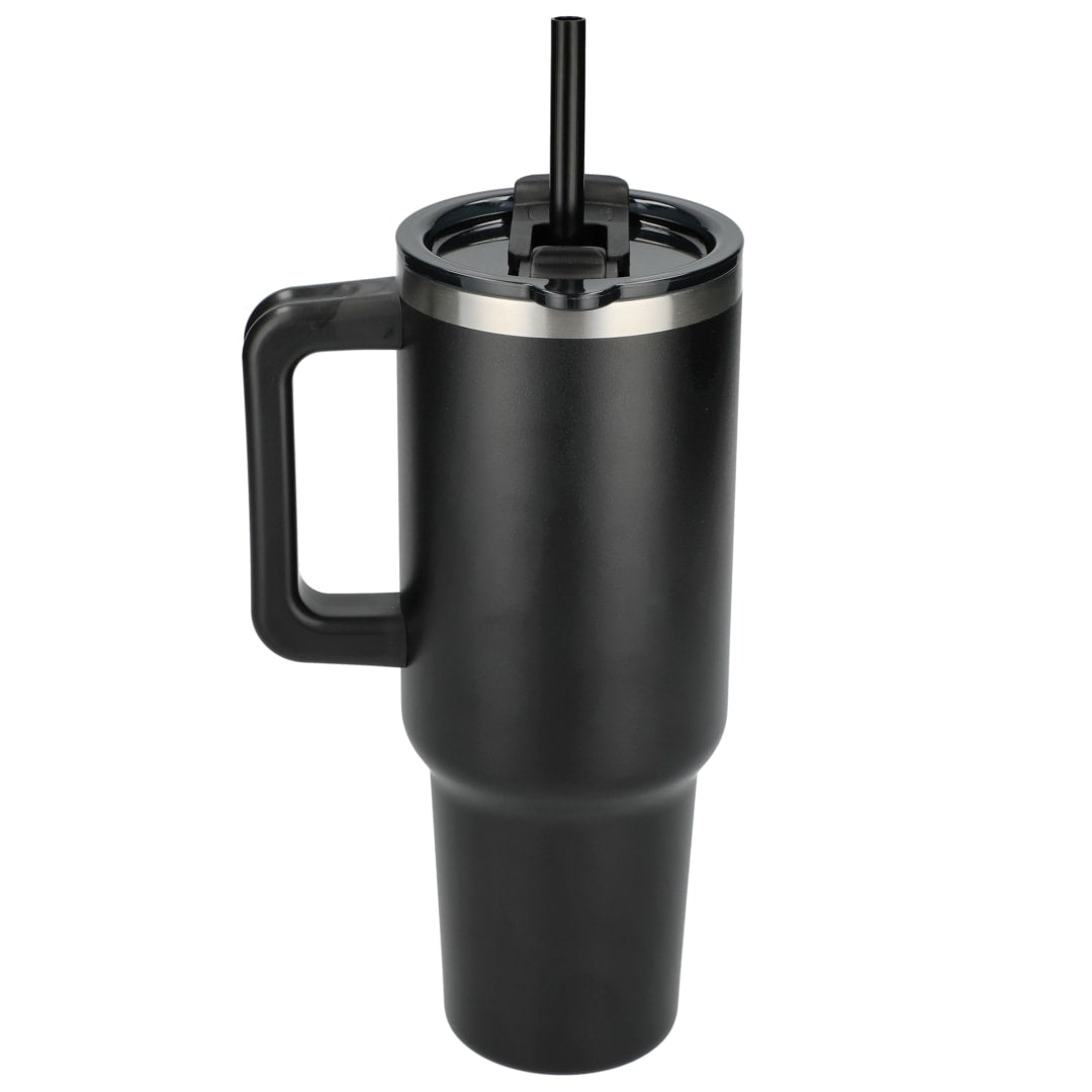 Rear View of Black Pinnacle Recycled Travel Tumbler with Straw 40oz plain