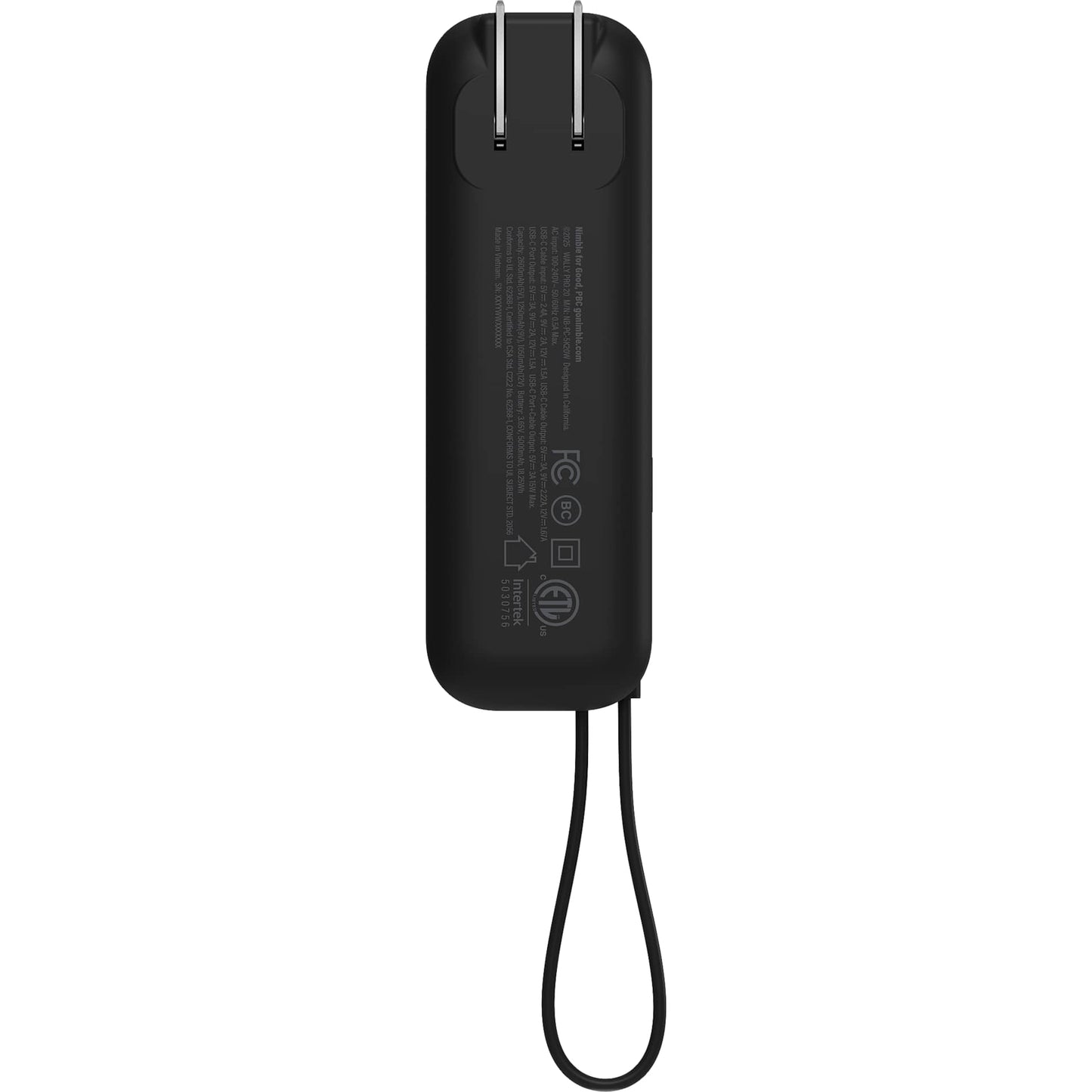 Rear View of Black Wally Pro 20 5000 mAh Powerbank and Wall Charger