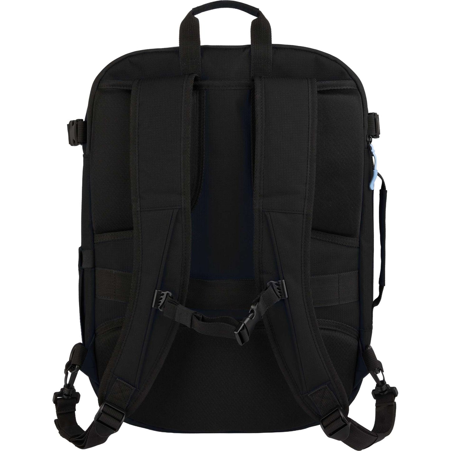 Rear View of Black Wander & Roam Travel Backpack plain