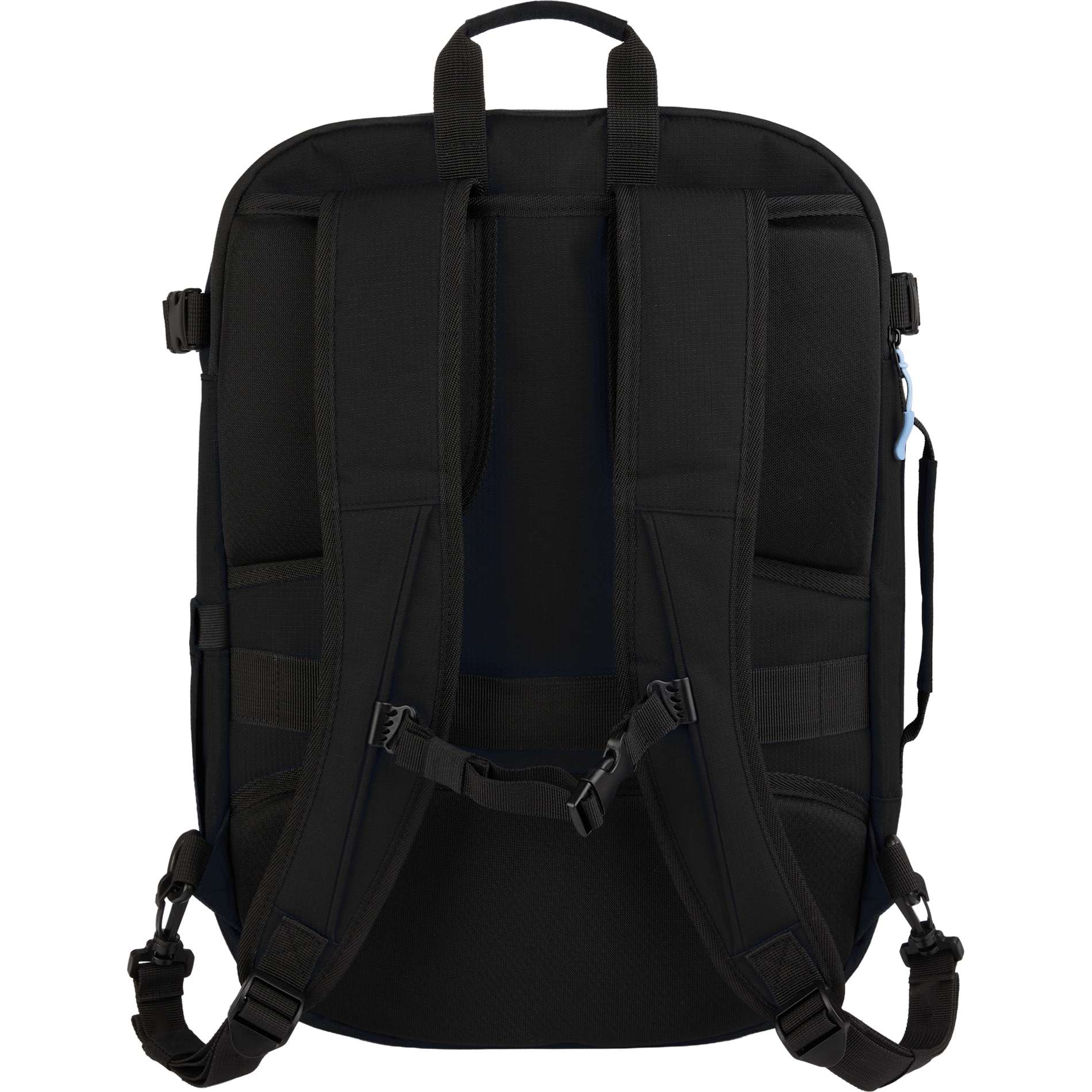 Rear View of Black Wander & Roam Travel Backpack plain