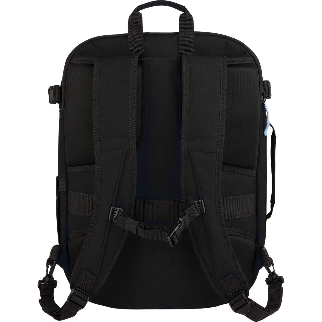 Rear View of Black Wander & Roam Travel Backpack plain