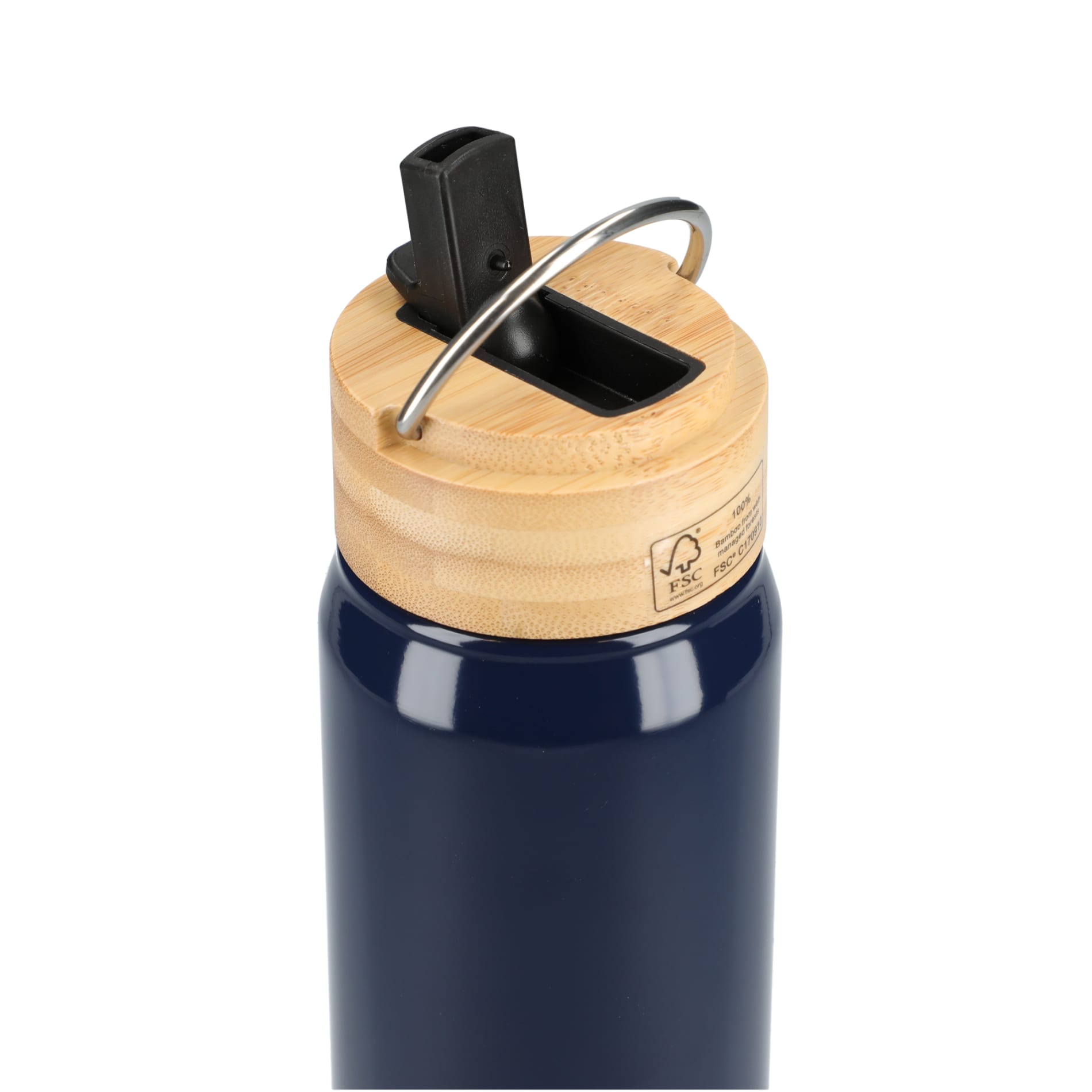 Rear View of Blue Billy 26oz ECO Aluminum Bottle w/ FSC® Bamboo Lid