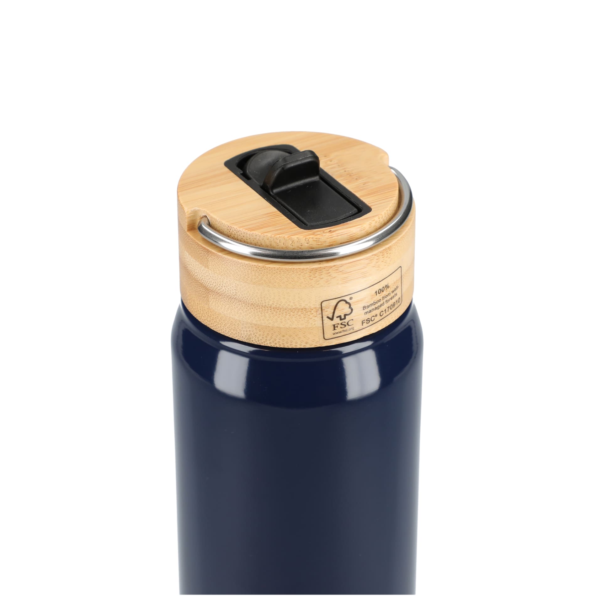 Rear View of Blue Billy 26oz ECO Aluminum Bottle w/ FSC® Bamboo Lid