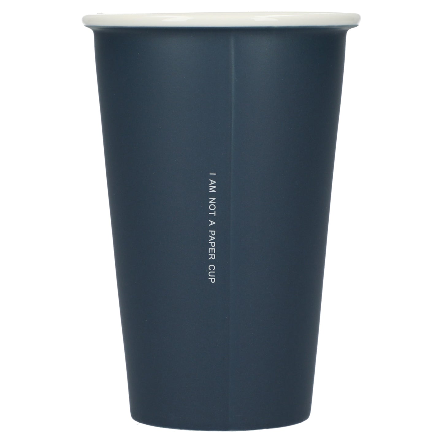 Rear View of Blue I'm not a paper cup 10oz ceramic tumbler plain