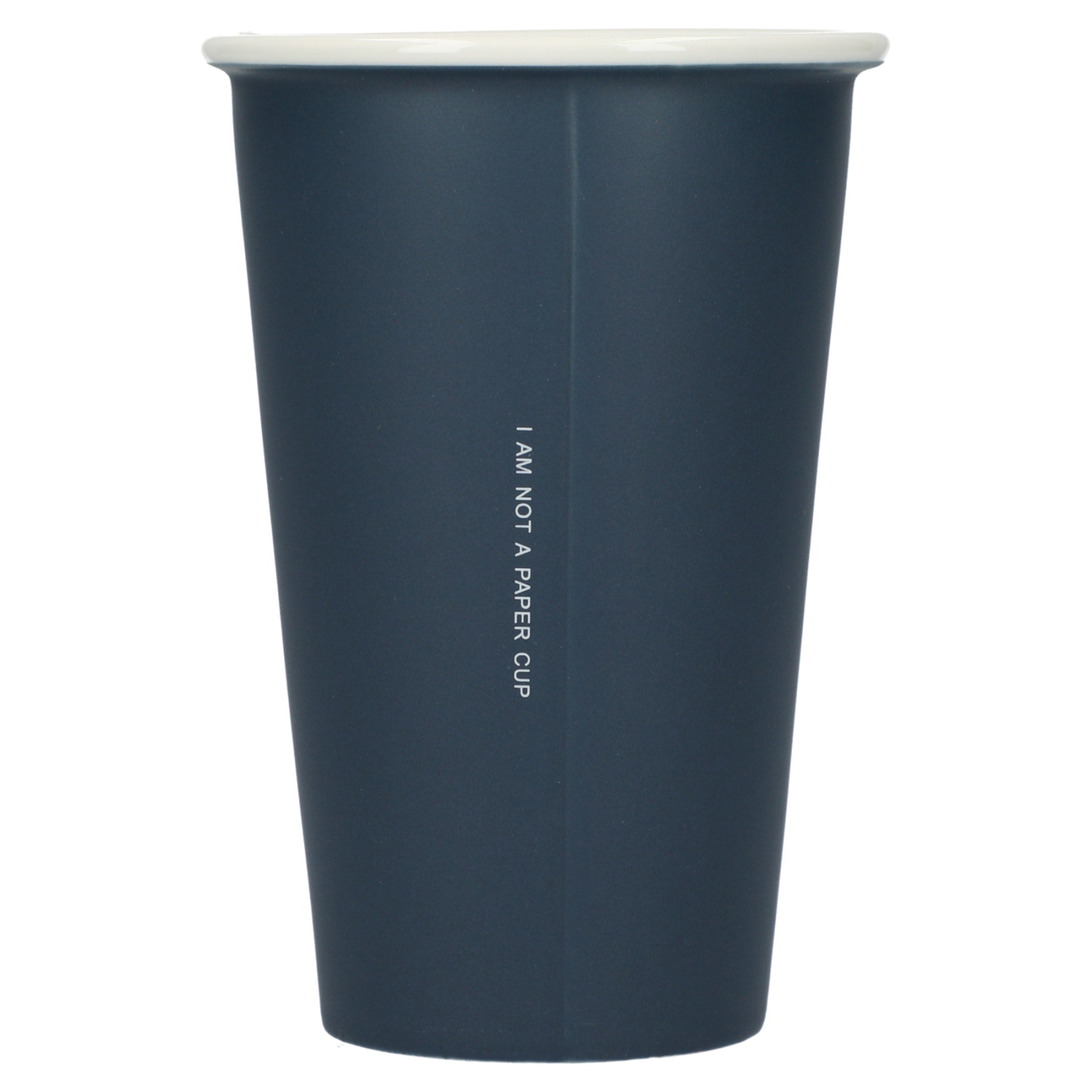 Rear View of Blue I'm not a paper cup 10oz ceramic tumbler plain
