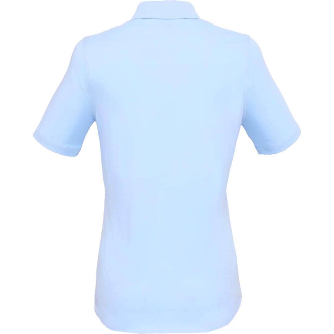 Rear View of Blue TATRA Eco Short Knit Button Up Sleeve Shirt - Women's plain