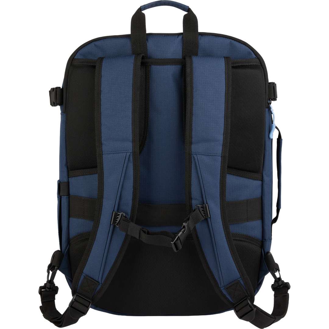 Rear View of Blue Wander & Roam Travel Backpack