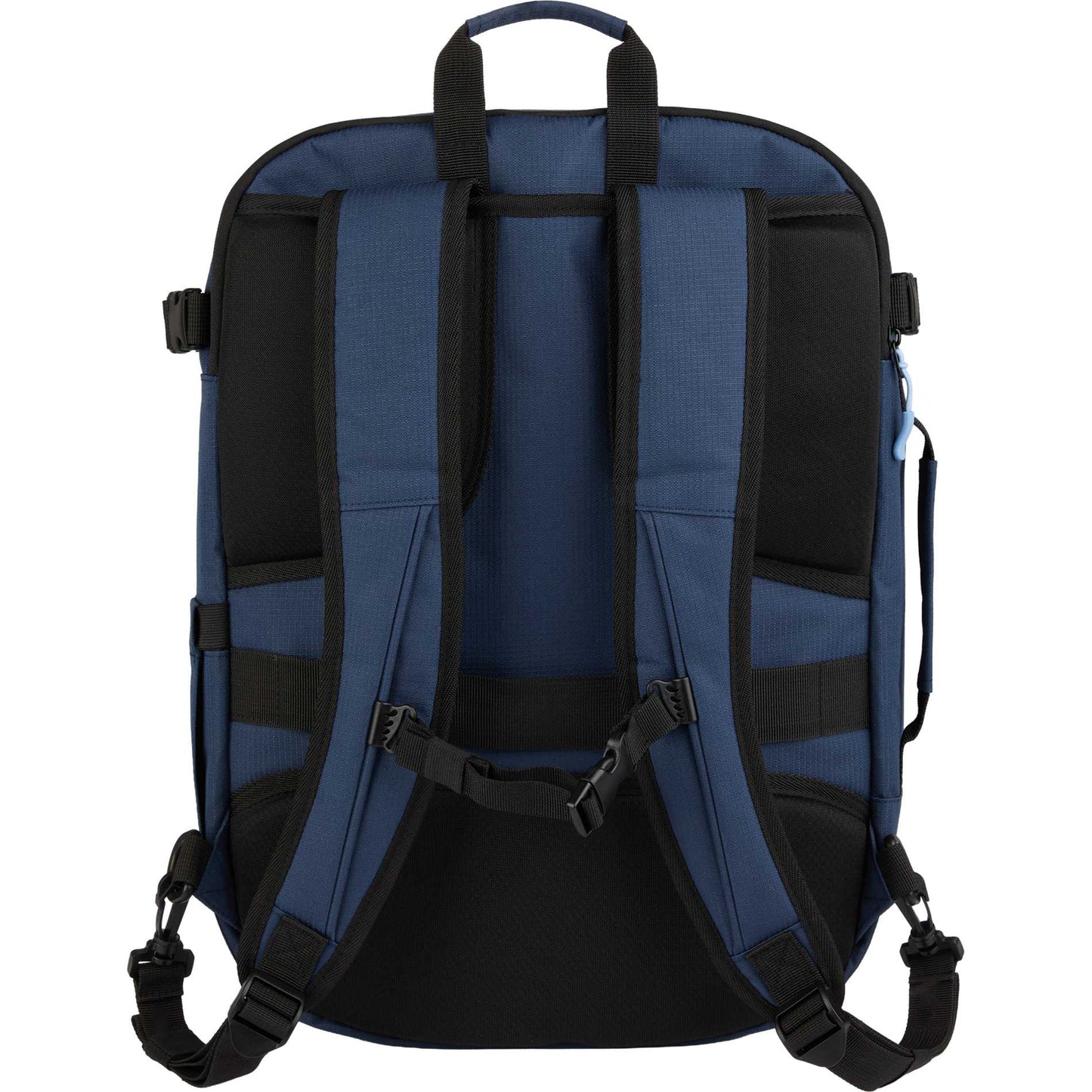 Rear View of Blue Wander & Roam Travel Backpack