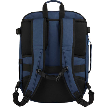 Rear View of Blue Wander & Roam Travel Backpack