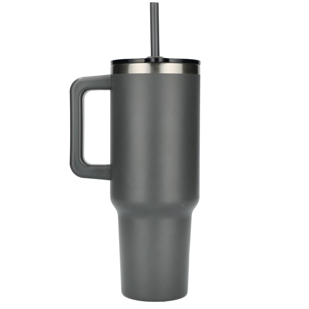 Rear View of Gray Pinnacle Recycled Travel Tumbler with Straw 40oz plain