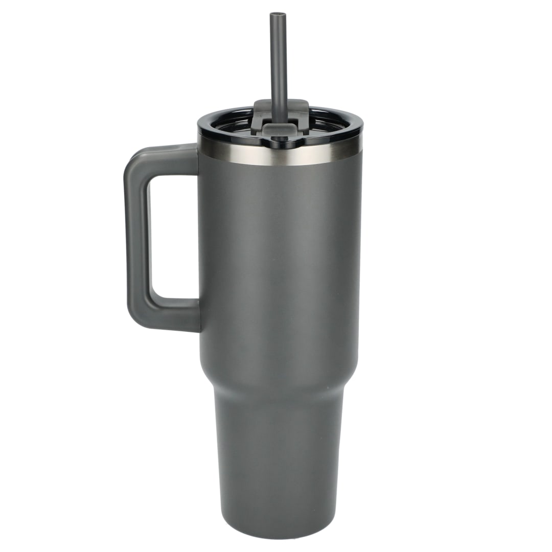 Rear View of Gray Pinnacle Recycled Travel Tumbler with Straw 40oz plain