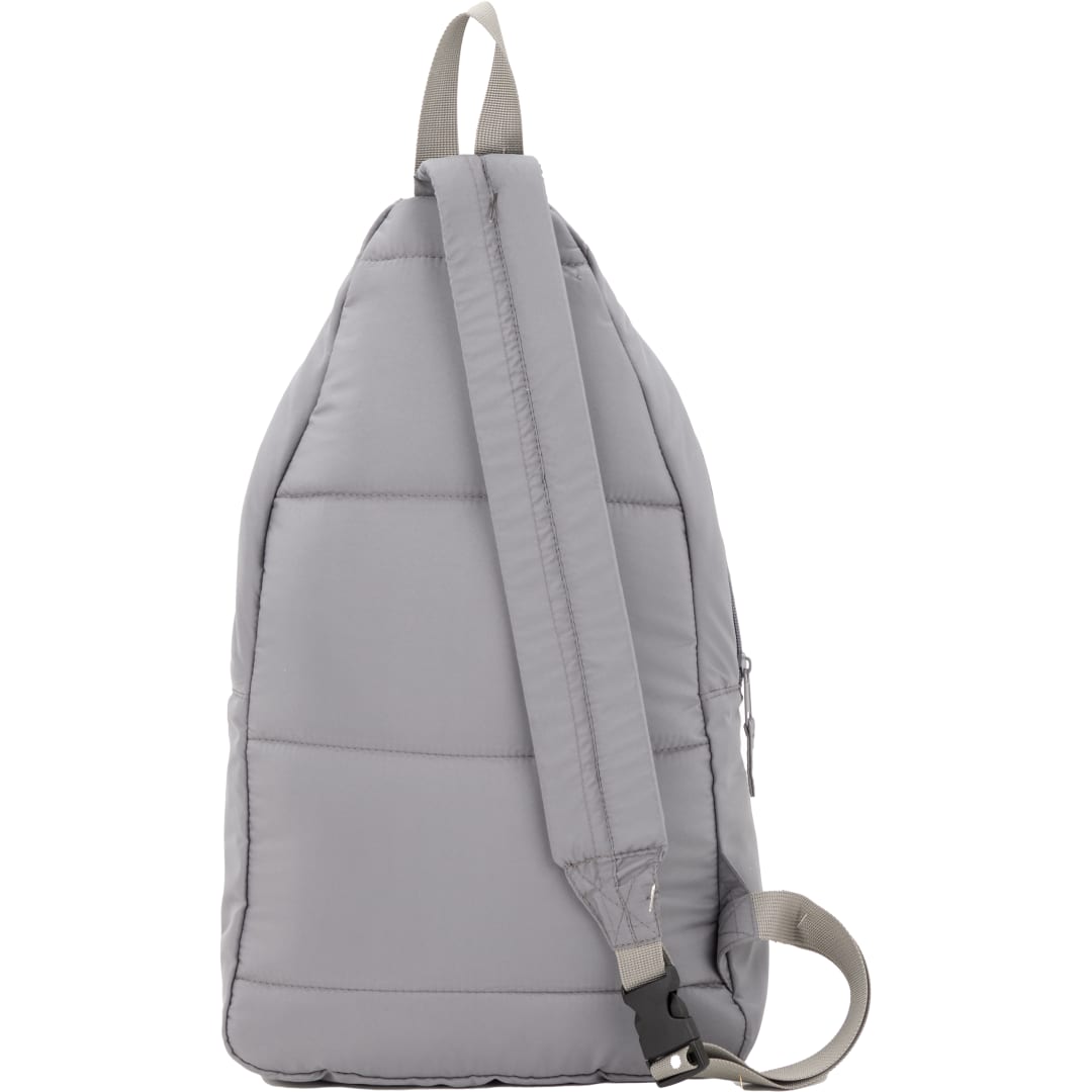 Rear View of Gray Puffer Recycled Sling Backpack plain
