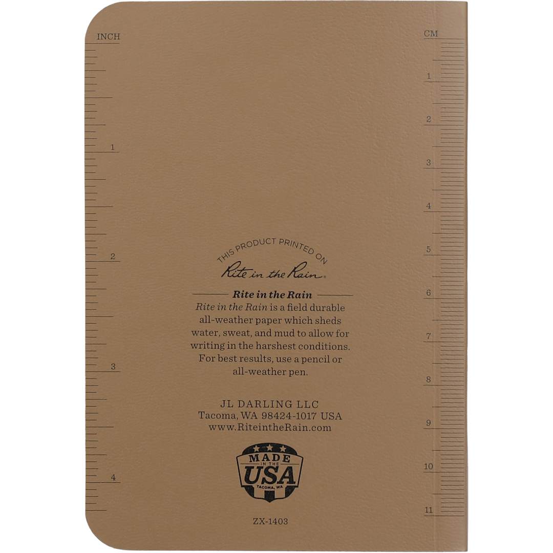 Rear View of Tan 3.5" x 5.25" Rite in the Rain Soft Cover Notebook plain