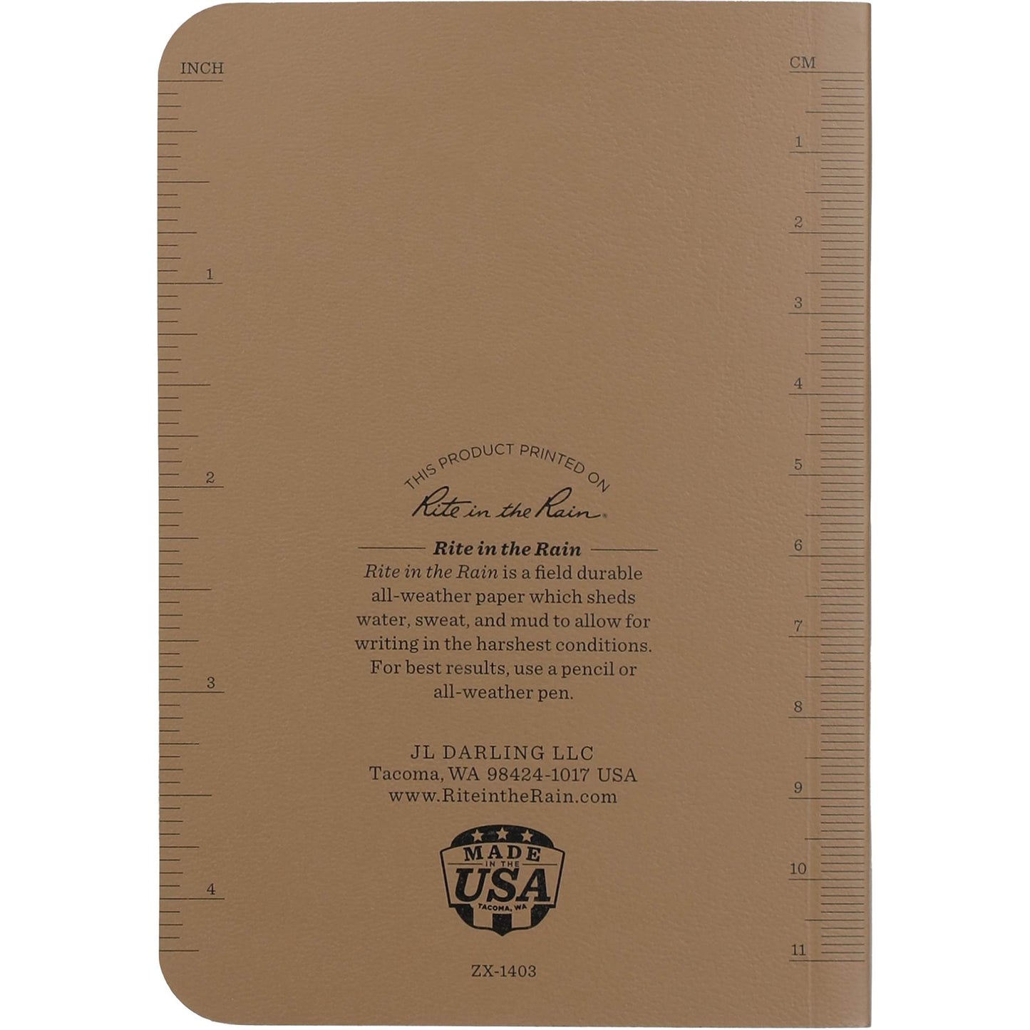 Rear View of Tan 3.5" x 5.25" Rite in the Rain Soft Cover Notebook plain