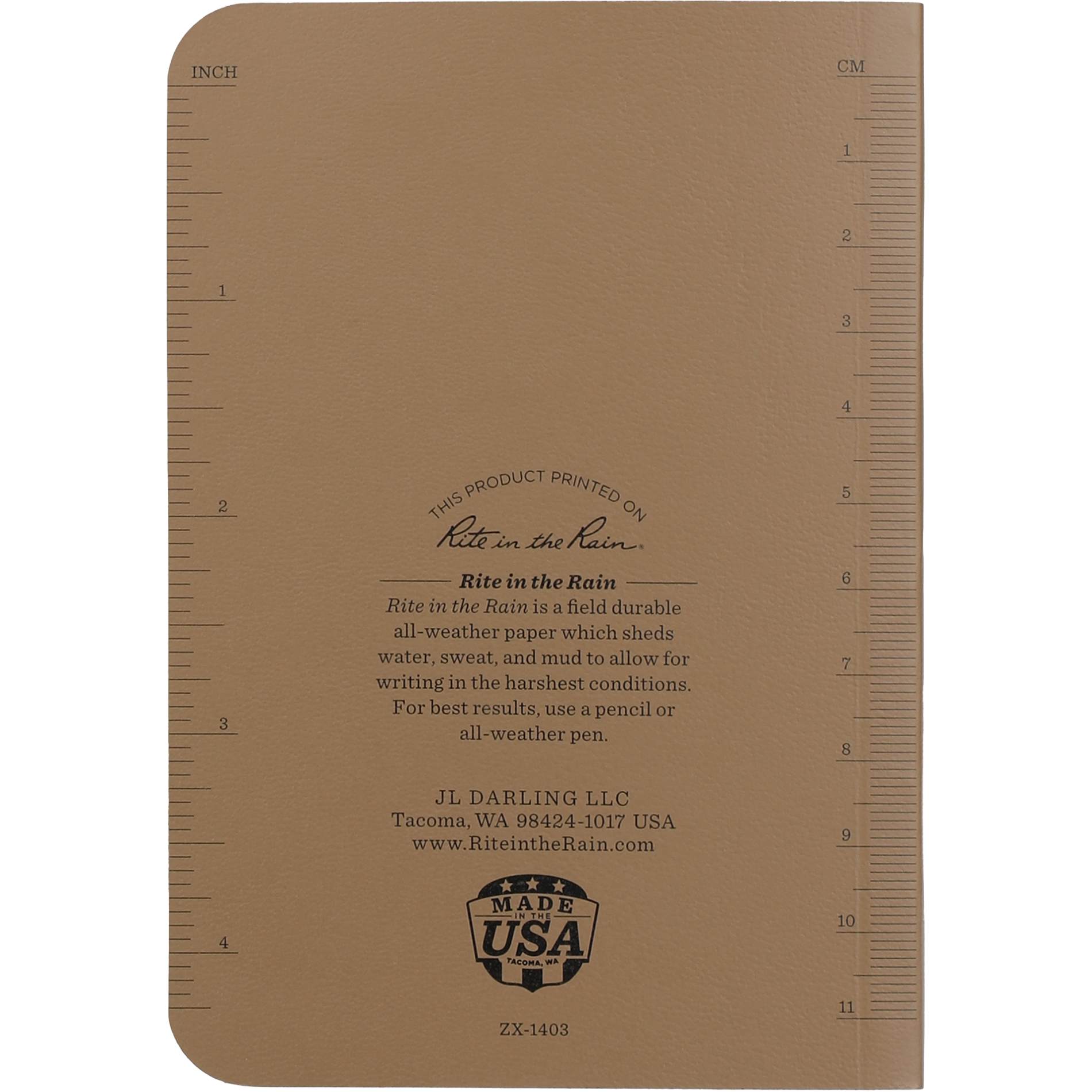 Rear View of Tan 3.5" x 5.25" Rite in the Rain Soft Cover Notebook plain
