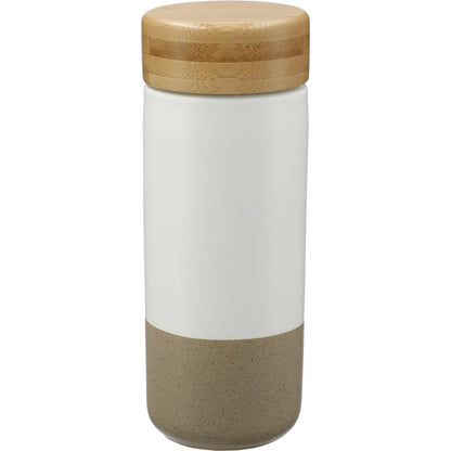 Rear View of White Arlo Ceramic Tumbler with Bamboo lid 11oz plain