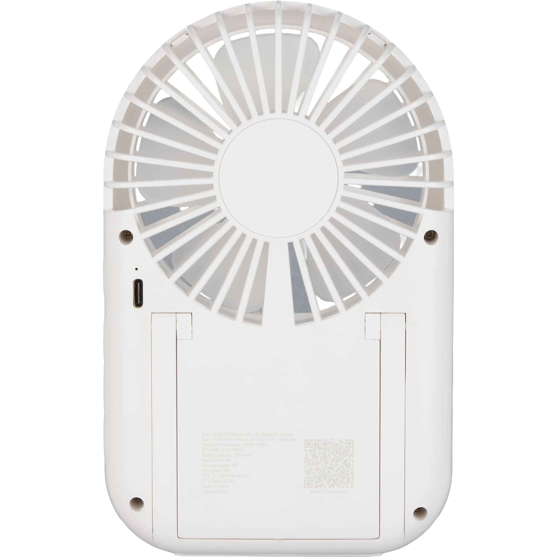 Rear View of White Audio Breeze Desktop Fan with Bluetooth Speaker