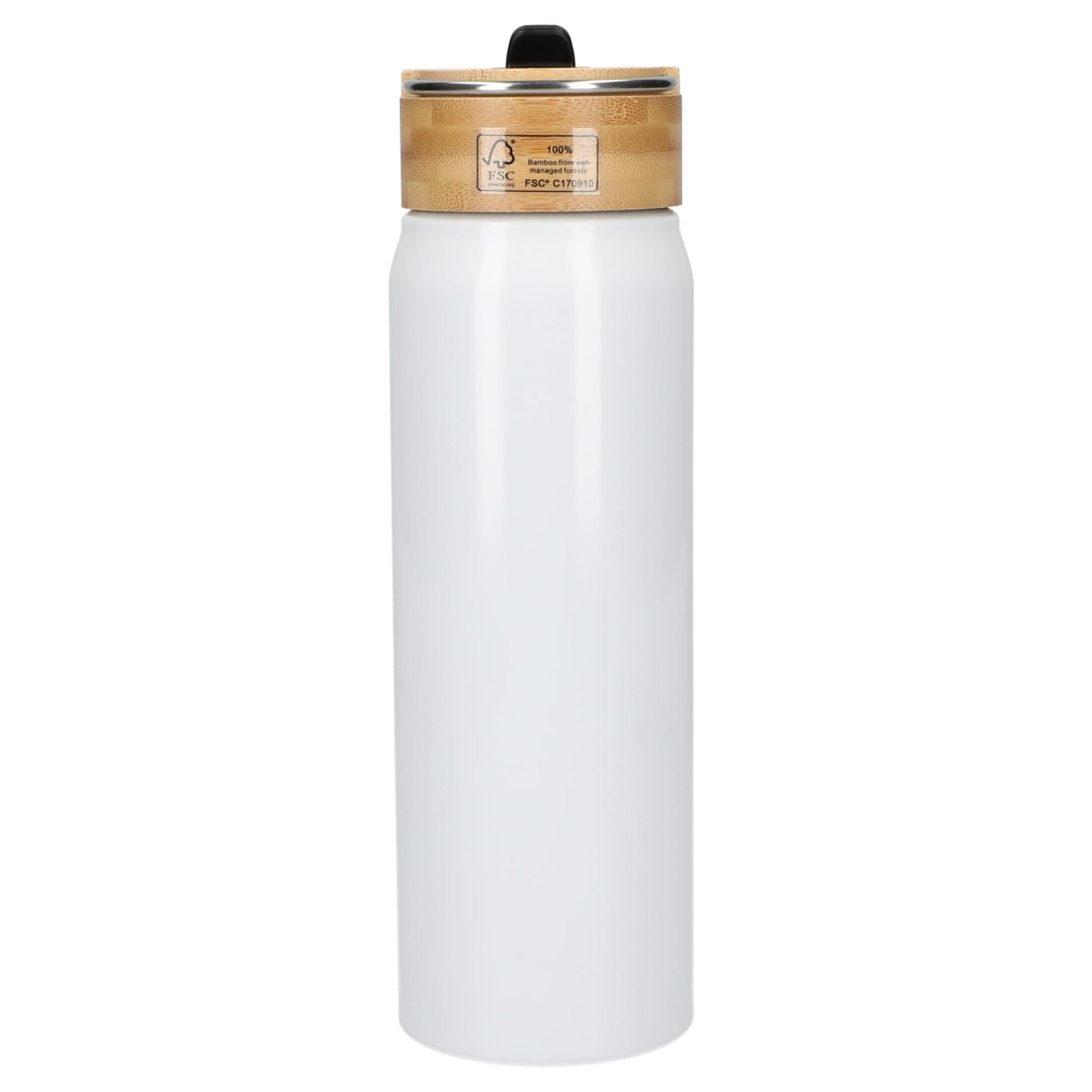Rear View of White Billy 26oz ECO Aluminum Bottle w/ FSC® Bamboo Lid plain