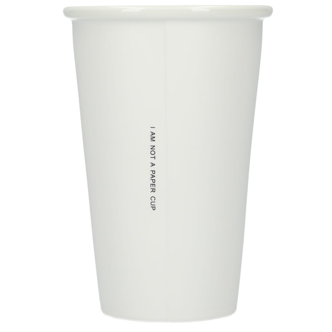 Rear View of White I'm not a paper cup 10oz ceramic tumbler plain