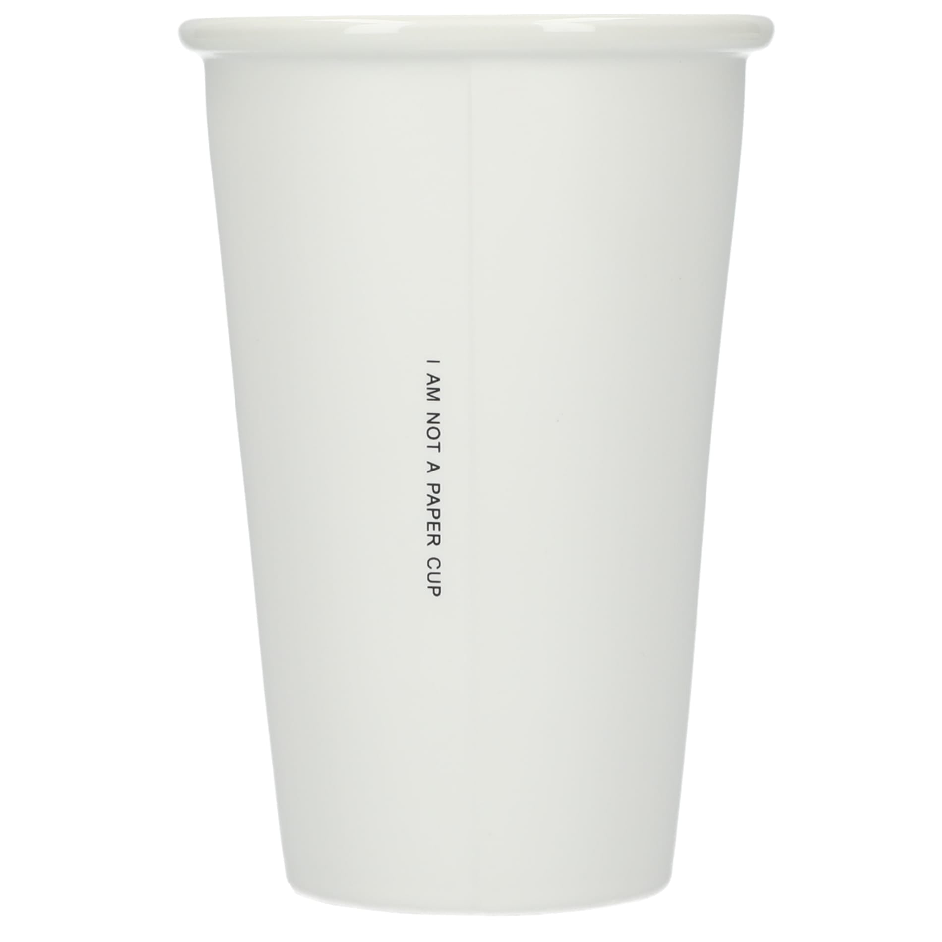 Rear View of White I'm not a paper cup 10oz ceramic tumbler plain