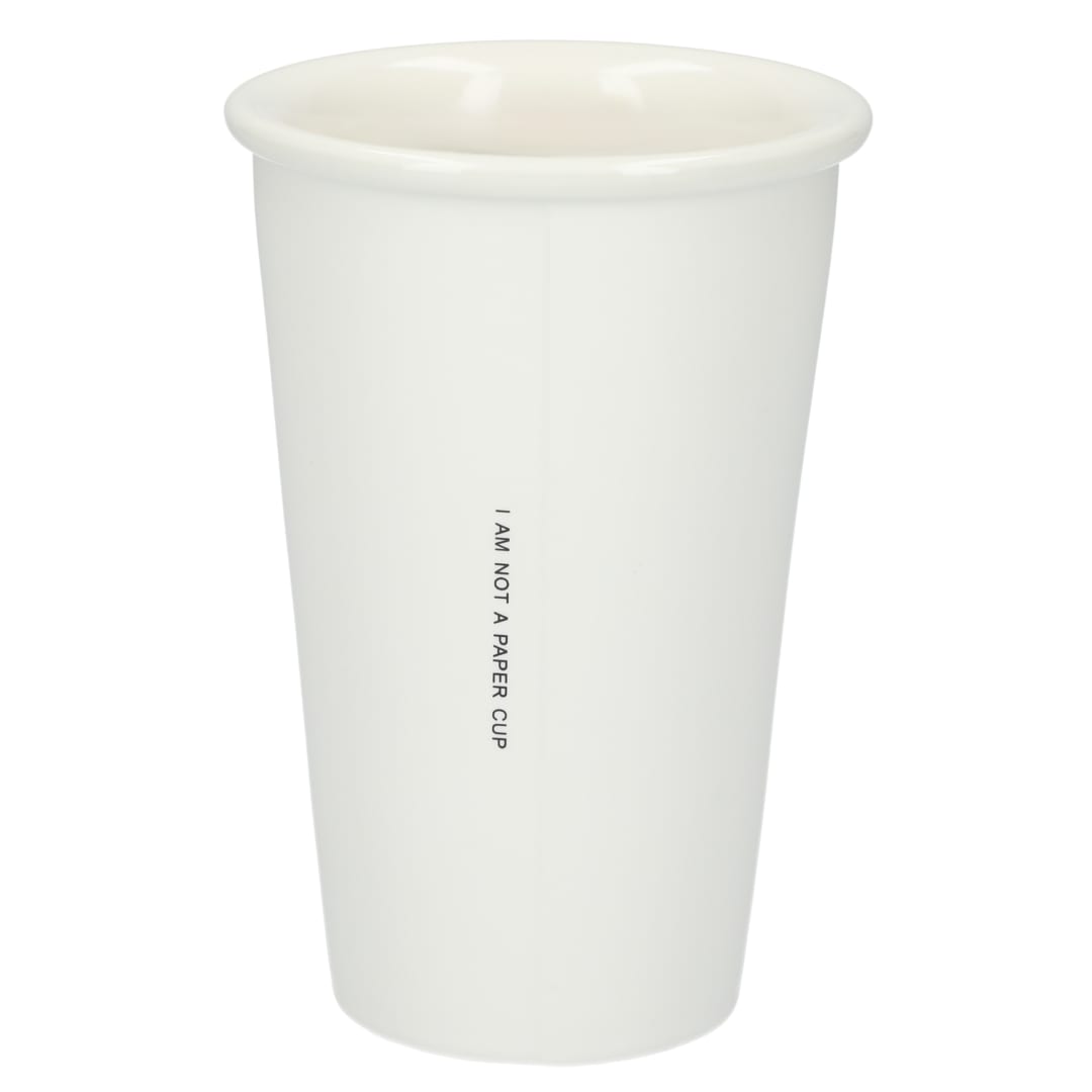 Rear View of White I'm not a paper cup 10oz ceramic tumbler plain