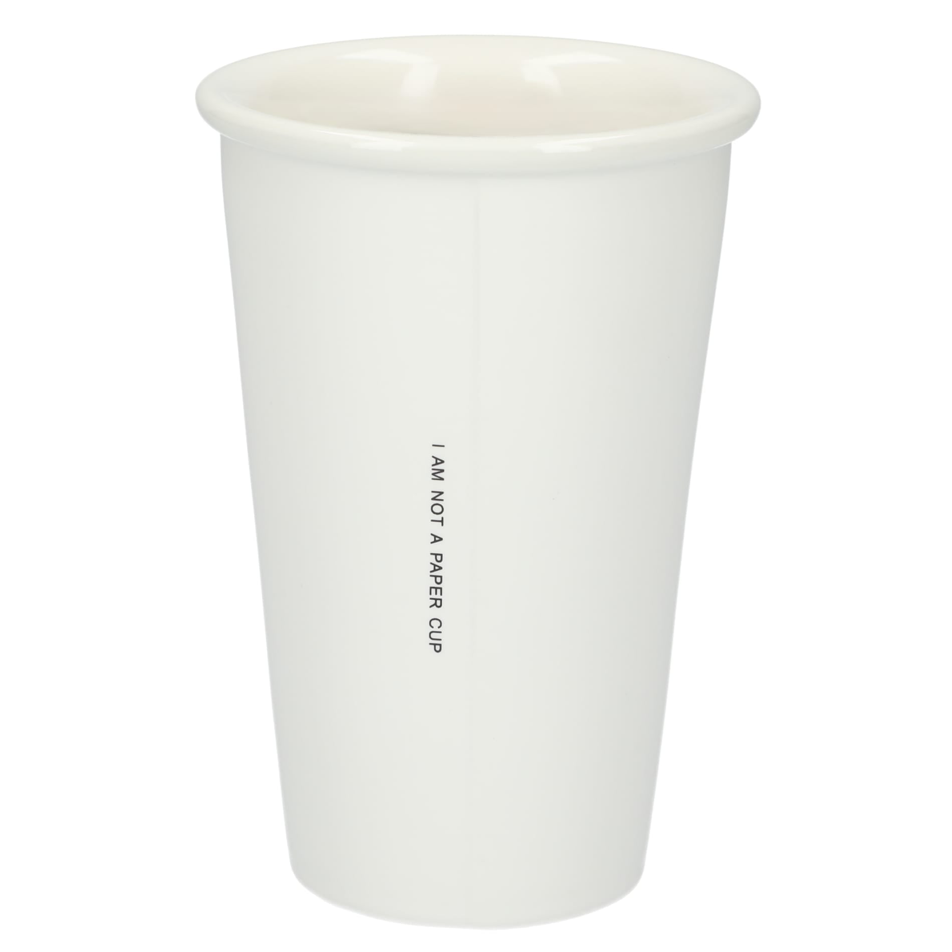 Rear View of White I'm not a paper cup 10oz ceramic tumbler plain