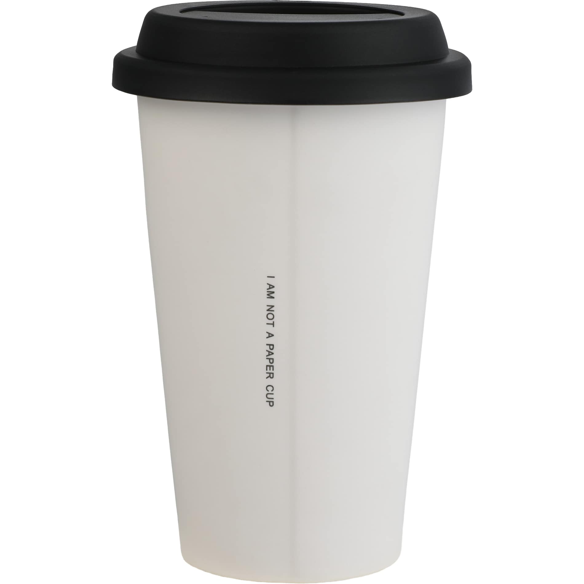 Rear View of White I'm Not a Paper Cup 10oz Ceramic Tumbler w/ Lid plain