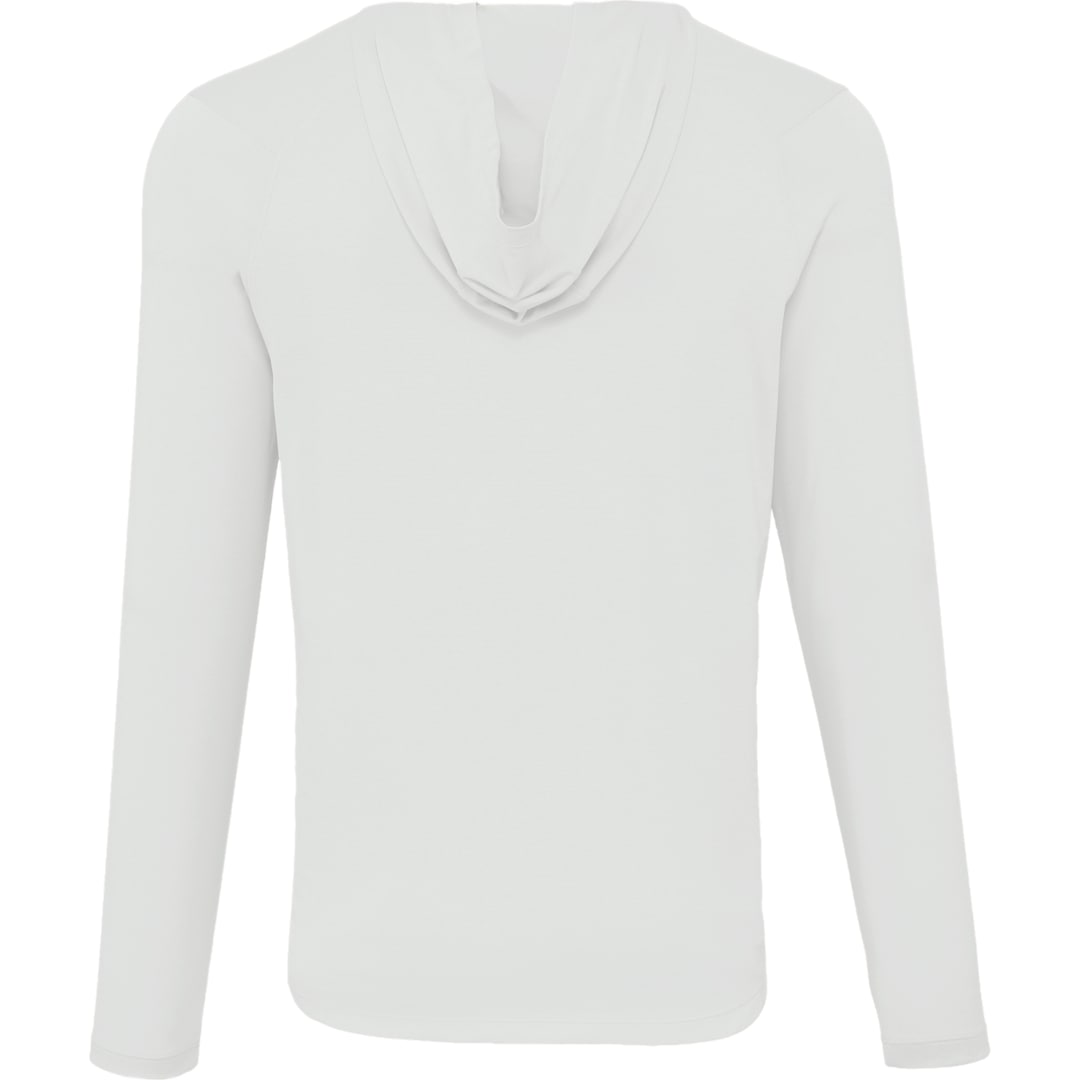 Rear View of White IZU Everthing Performance Hoodie - Men's plain