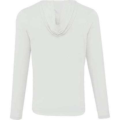 Rear View of White IZU Everthing Performance Hoodie - Men's plain