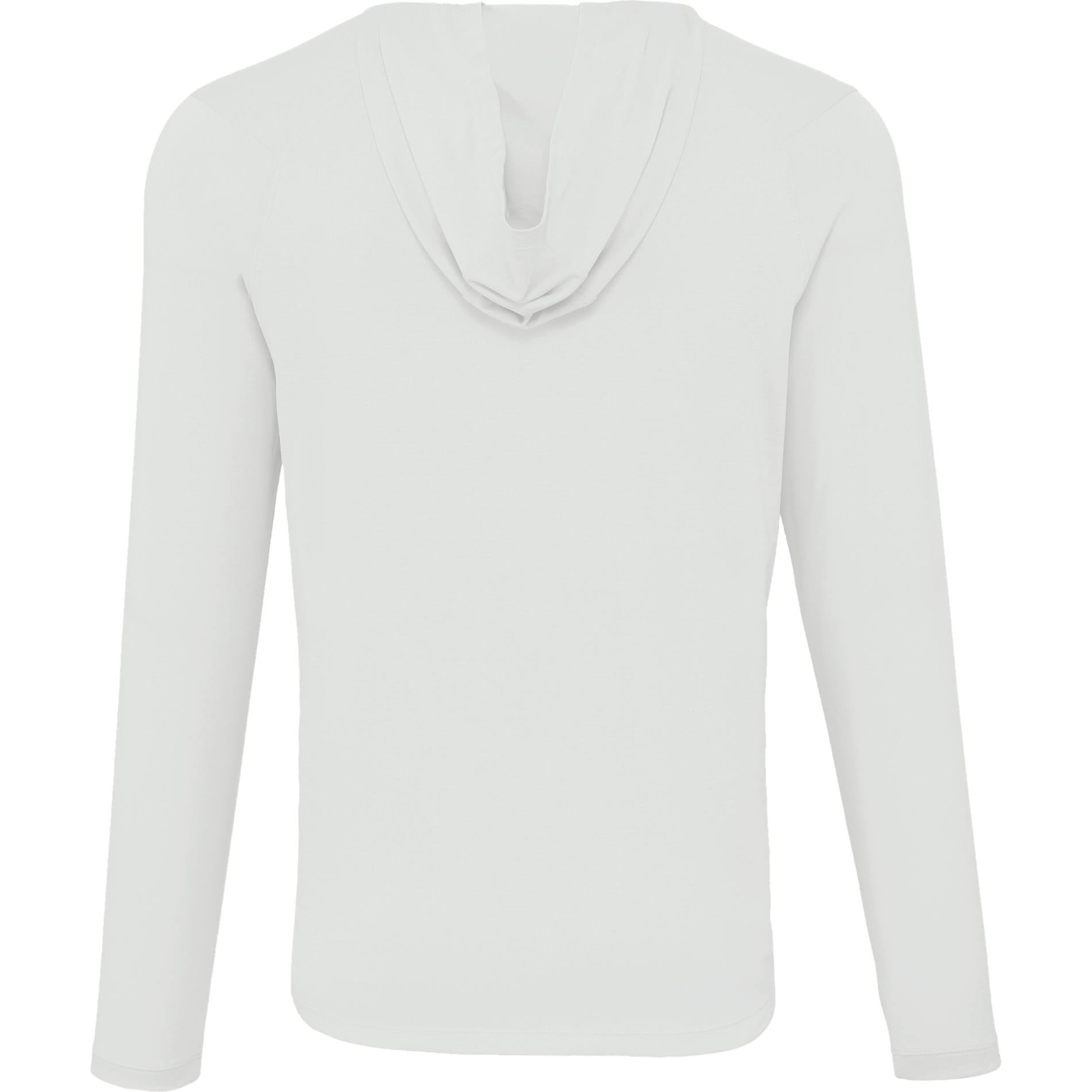 Rear View of White IZU Everthing Performance Hoodie - Men's plain