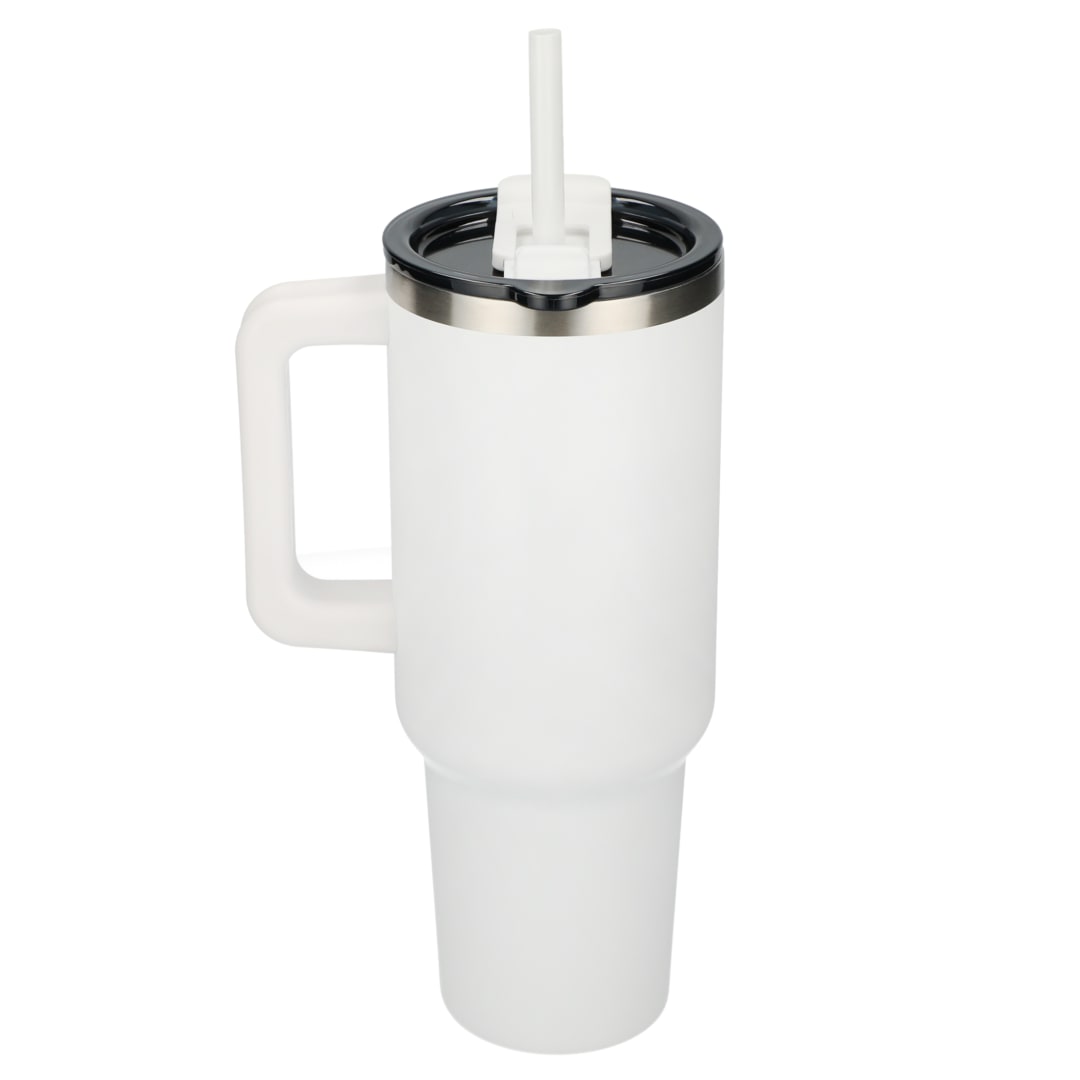 Rear View of White Pinnacle Recycled Travel Tumbler with Straw 40oz plain