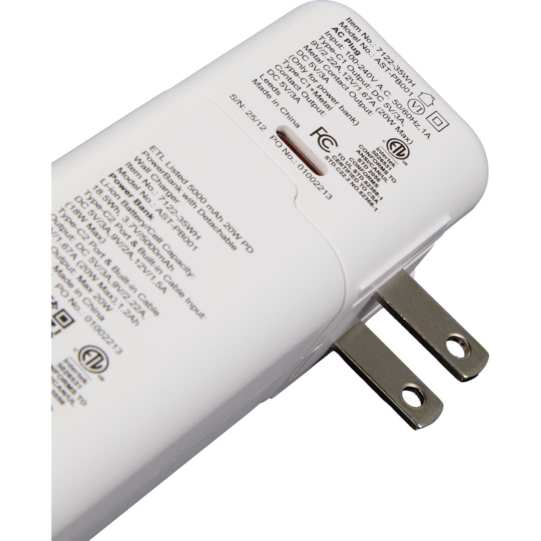 White ETL Listed 5000 mAh 20W PD Power Bank with AC Plug