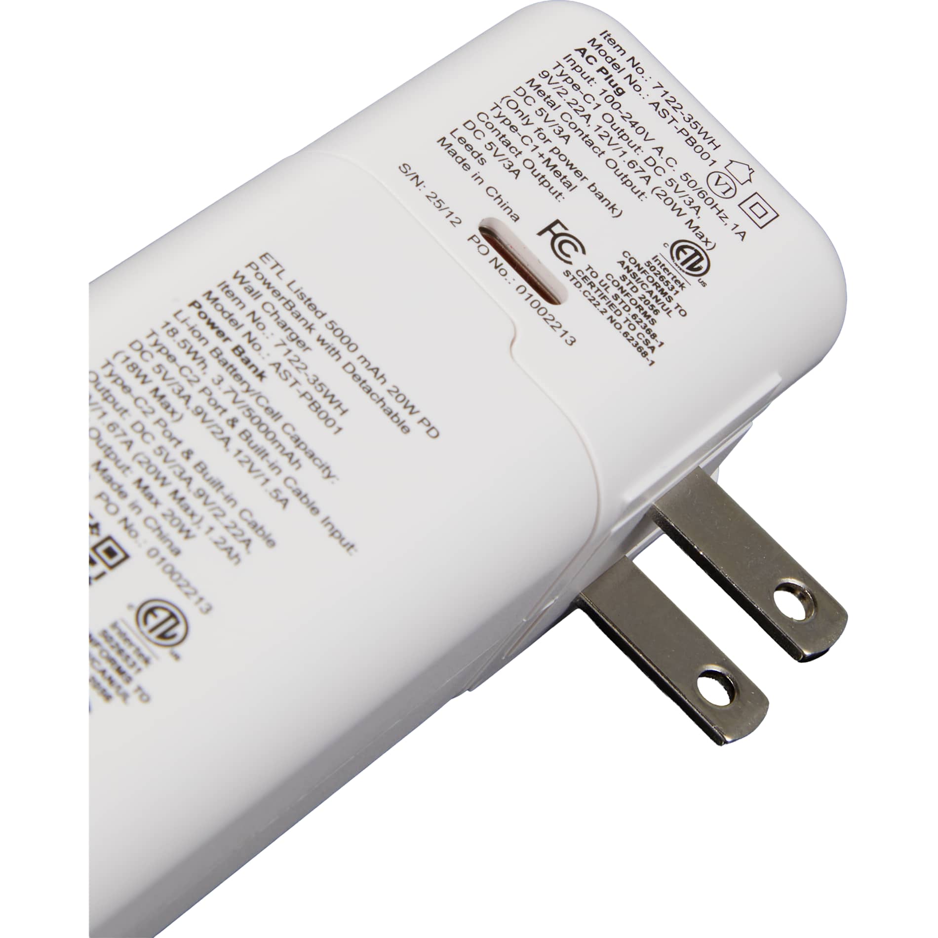 White ETL Listed 5000 mAh 20W PD Power Bank with AC Plug