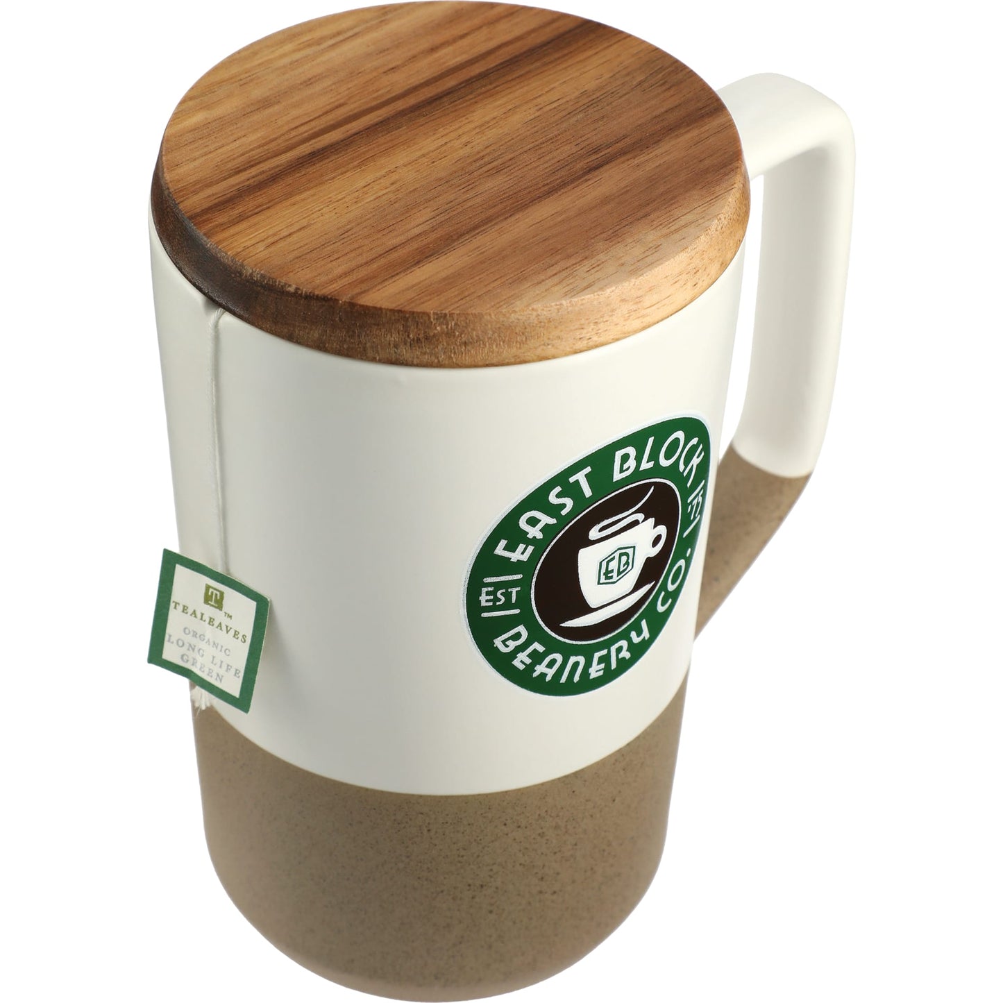 White Tahoe Tea & Coffee Ceramic Mug with Wood Lid 16oz